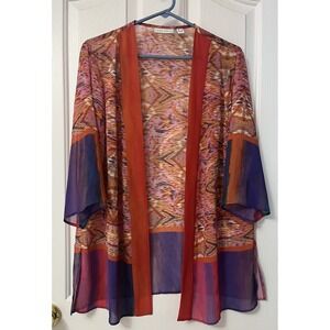Susan Graver Chiffon Open Front Cardigan Kimono Women Sz S Red Orange 3/4 Sleeve
